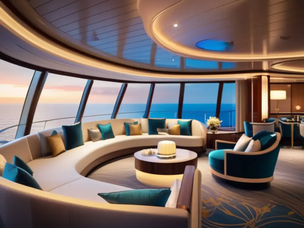 Lujo y confort en un crucero moderno, con vistas panorámicas al mar y una zona lounge acogedora