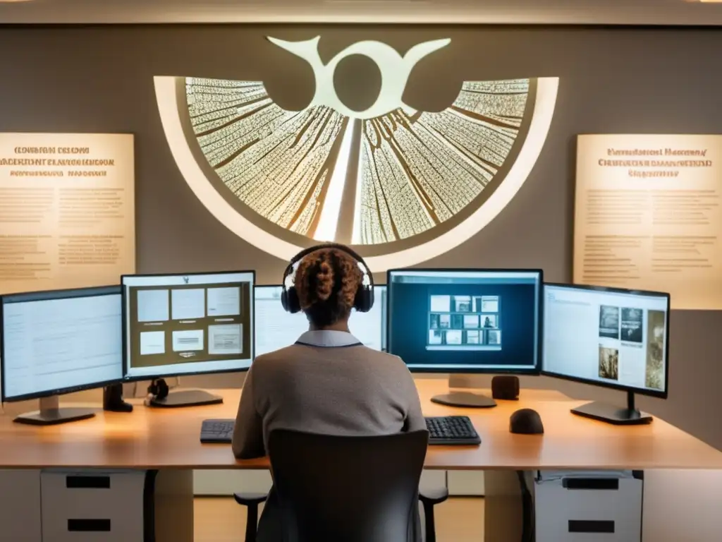 Persona investigando genealogía extranjera con tecnología avanzada