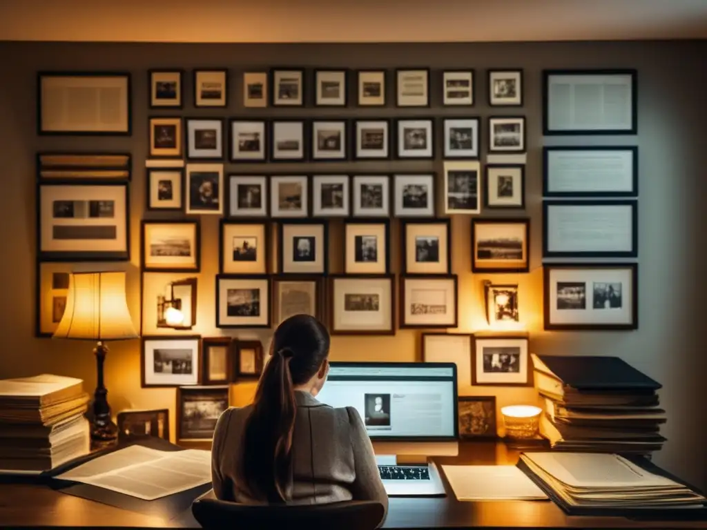 Investigación genealógica en casa Rutas de herencia personalizadas: Persona investigando genealogía rodeada de fotos familiares, documentos y laptop
