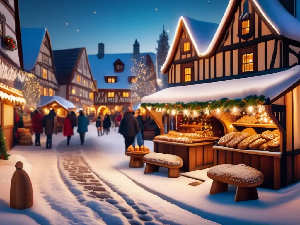 Mágico festival de invierno en un encantador pueblo europeo Imagen: Festivales invierno viajeros senior en pueblo europeo con escena invernal mágica, música, patinaje, luces y delicias tradicionales