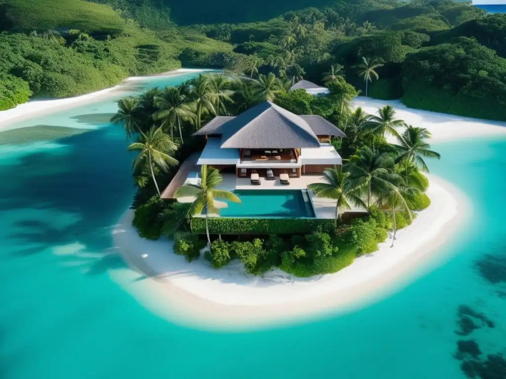 Vista aérea de una isla tropical con aguas turquesas, playas de arena blanca y una lujosa villa con cocina al aire libre