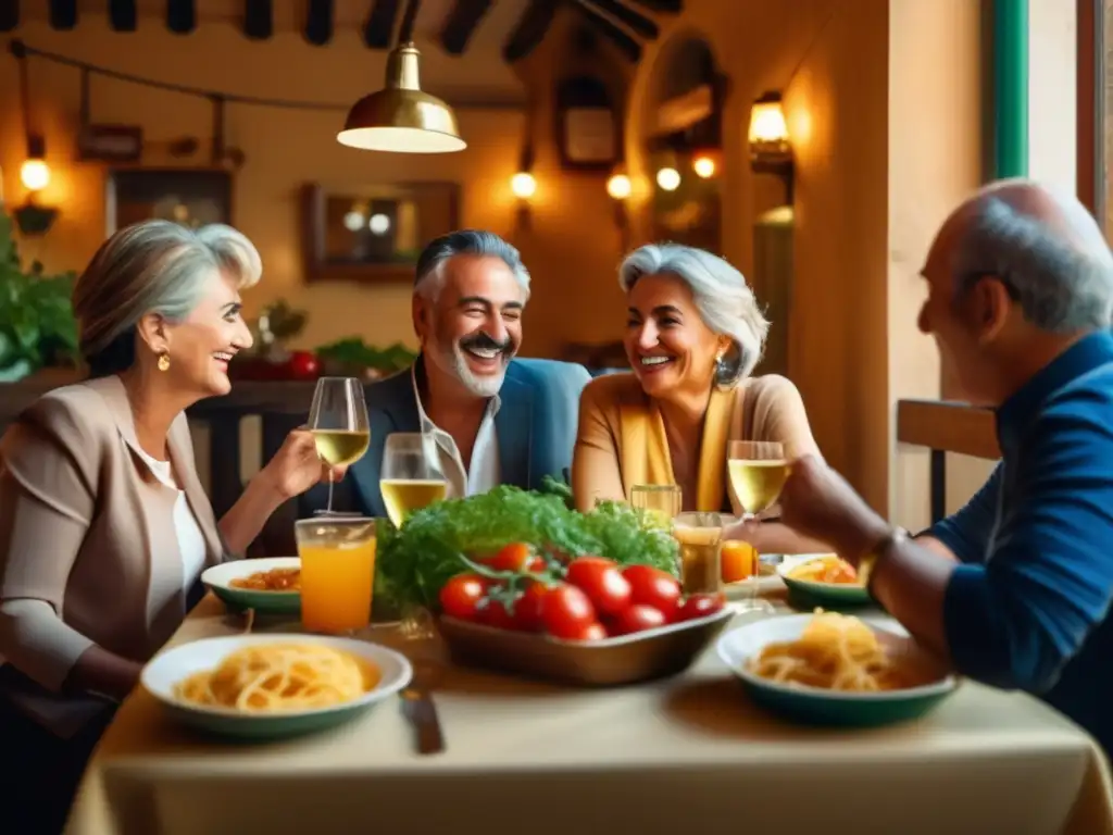 Grupo de viajeros disfrutan de comida italiana en trattoria Talleres de idiomas: Comida italiana, ambiente acogedor y viajeros maduros disfrutando de la gastronomía local