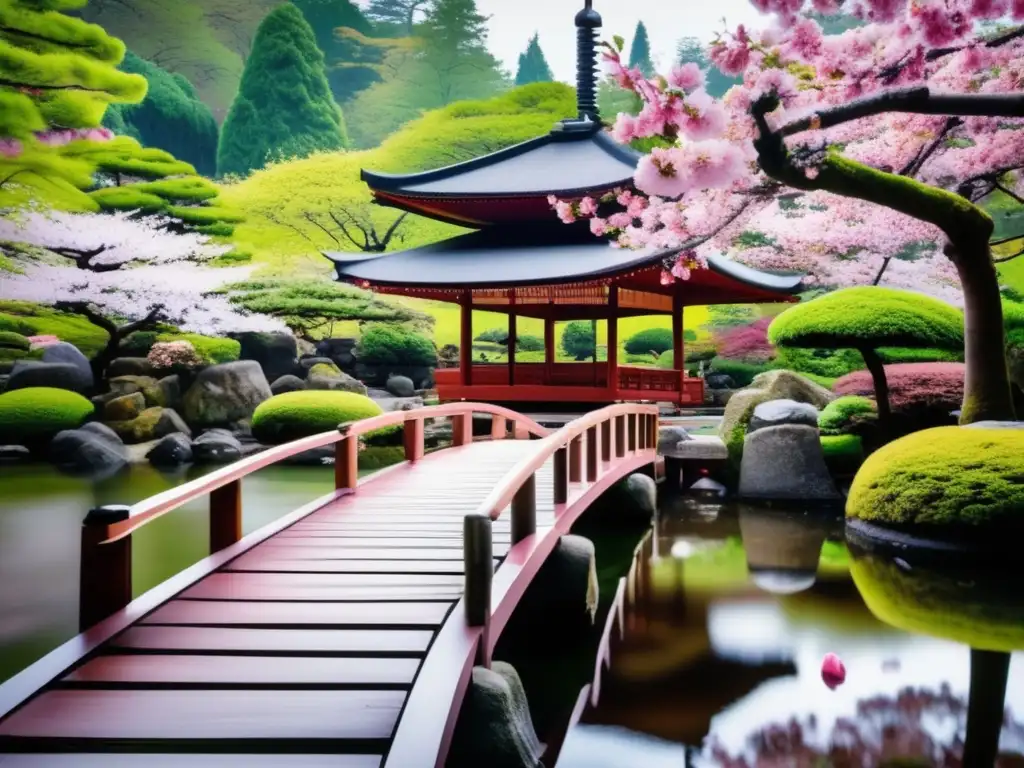 Jardín japonés con cerezos en flor Un jardín japonés sereno con cerezos en flor: Viajes espirituales Japón Zen