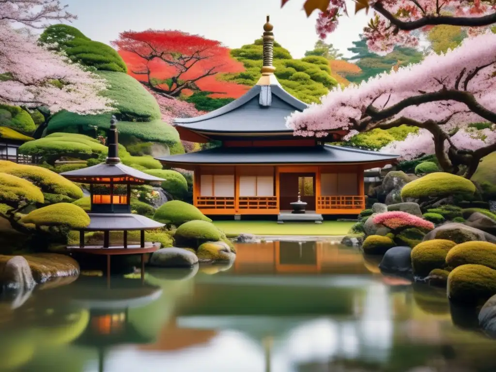 Jardín japonés con pagoda y sakuras Jardín japonés con pagoda rodeada de cerezos en flor