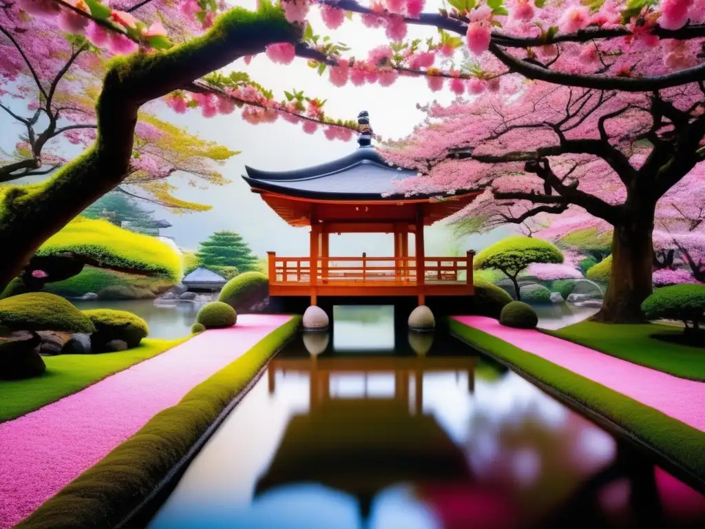 Un jardín japonés sereno y pintoresco con árboles de cerezo en flor Jardín japonés con flores de cerezo: Destinos seguros para viajeros maduros en Asia