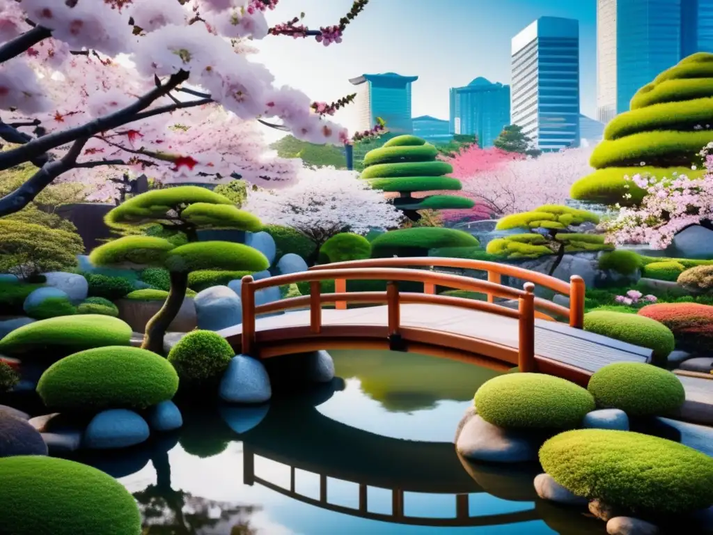 Hermoso jardín japonés con puente de madera Jardín japonés con puente de madera, cerezos en flor y rascacielos: Viajes para adultos mayores
