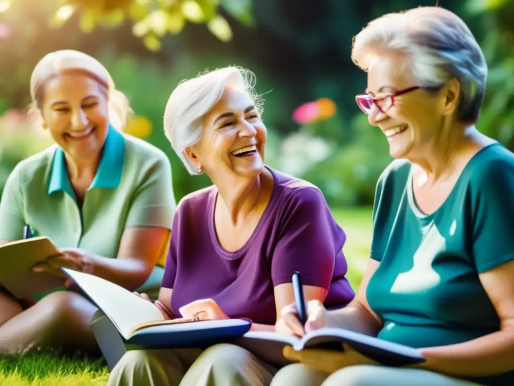 Grupo de adultos mayores sonrientes en jardín aprendiendo idiomas Viajes lingüísticos para adultos mayores en un jardín tranquilo con personas sonrientes y dedicadas a aprender