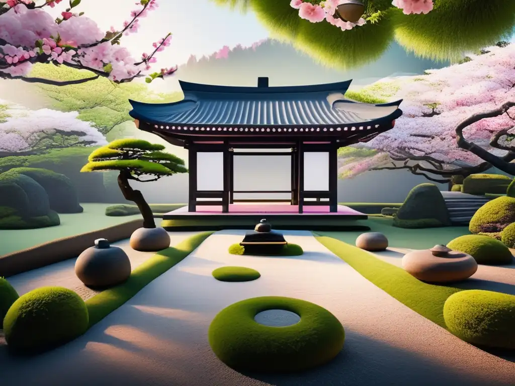 Jardín Zen japonés: belleza y serenidad Jardín Zen japonés: Viaje espiritual en un oasis de paz y tradición con sakuras y linterna