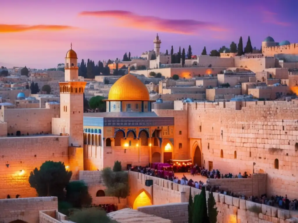 Jerusalén al atardecer: historia, cultura y encanto Guía de viaje senior Jerusalén: atardecer en la antigua ciudad amurallada, calles de piedra, mercados y el icónico Domo de la Roca