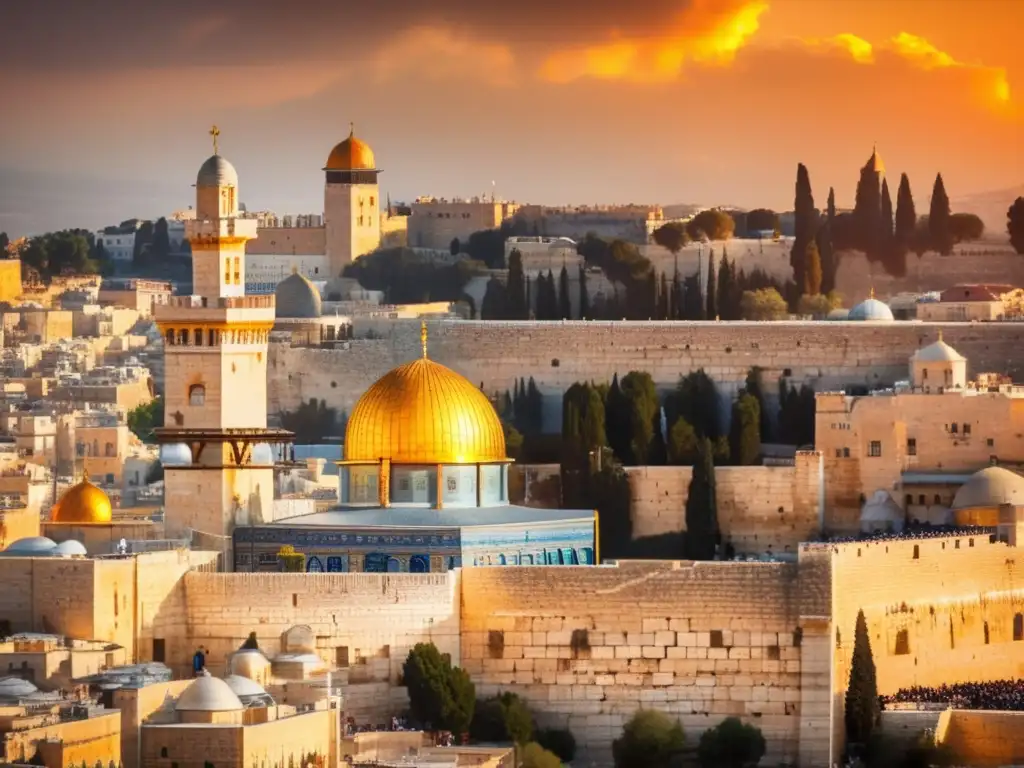 Hermosa vista de Jerusalén al atardecer Guía viaje senior Jerusalén: Vista impresionante de la ciudad antigua al atardecer, con el Muro de los Lamentos y la Cúpula de la Roca destacando