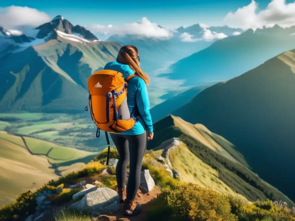 Mujer aventurera en la cima de la montaña Mujer joven en la cima de una montaña, paisaje impresionante