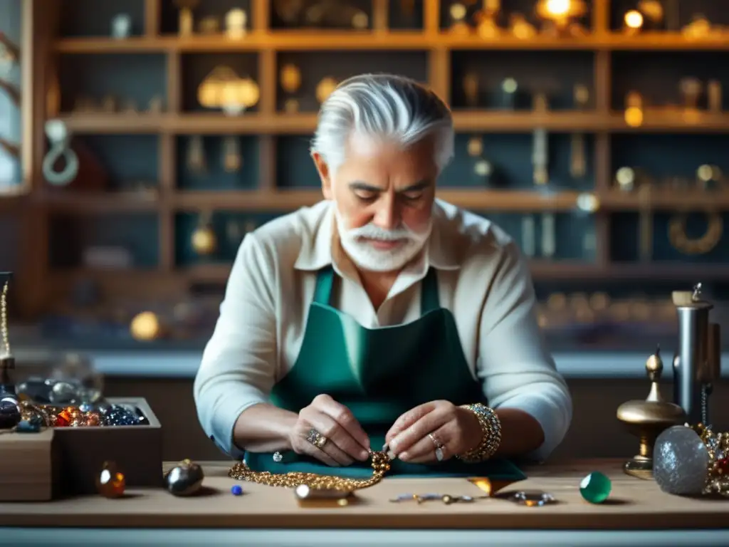 Senior traveler creating jewelry in workshop Taller joyería para viajeros senior: creación pieza única, herramientas modernas, gemas, luz natural, manos detalladas