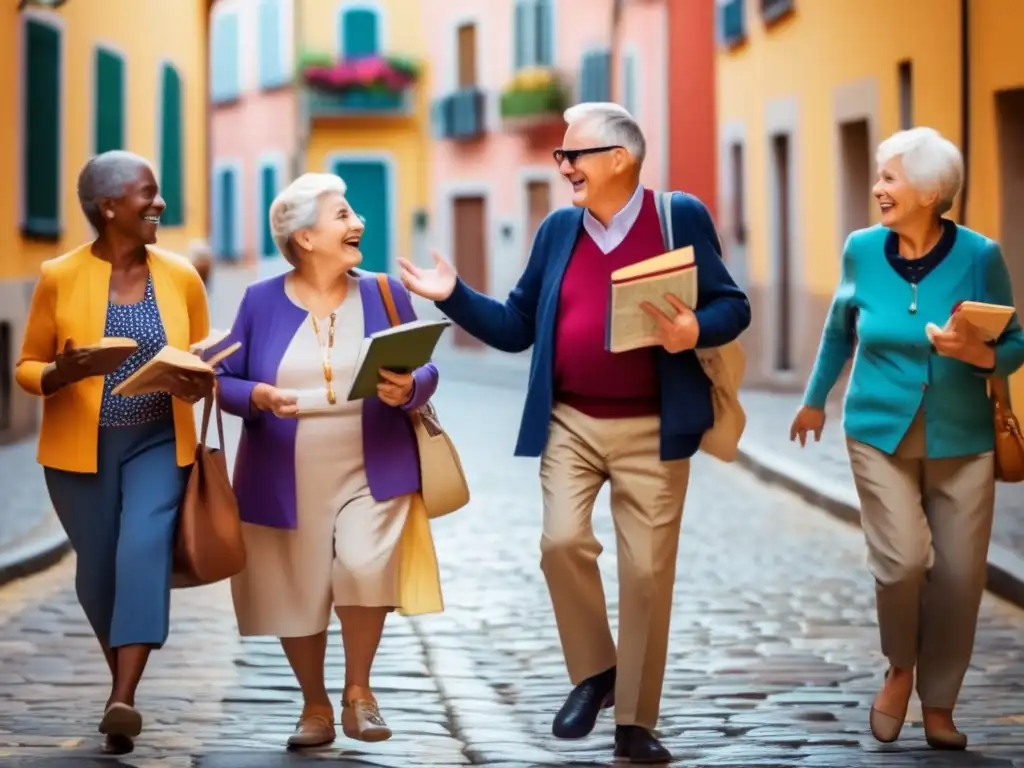 Aventura de aprendizaje de idiomas para jubilados en Europa Aventuras lingüísticas para jubilados en una ciudad europea llena de color y emoción