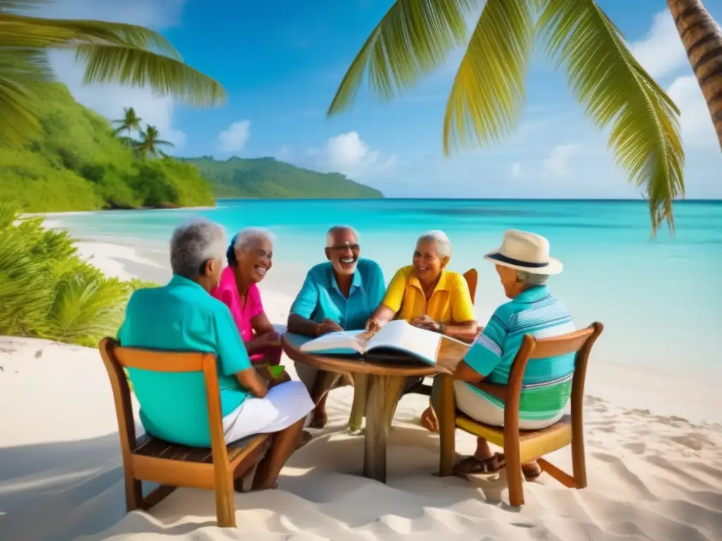 Jubilados disfrutan del aprendizaje y la playa Jubilados disfrutando beneficios de viajes lingüísticos en una playa paradisíaca