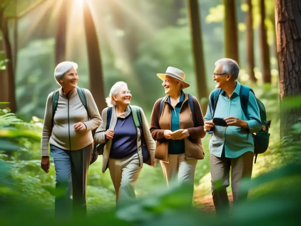 Beneficios del ecoturismo para adultos mayores: grupo de adultos mayores disfrutando de la naturaleza en un bosque tranquilo