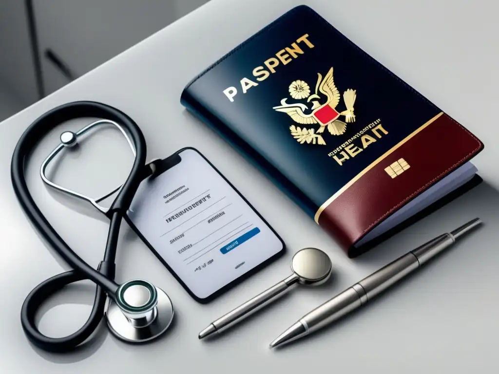 Kit médico de viaje moderno Seguro de viaje para aventuras médicas: kit médico moderno con estetoscopio, botiquín, pasaporte, itinerario y historial médico
