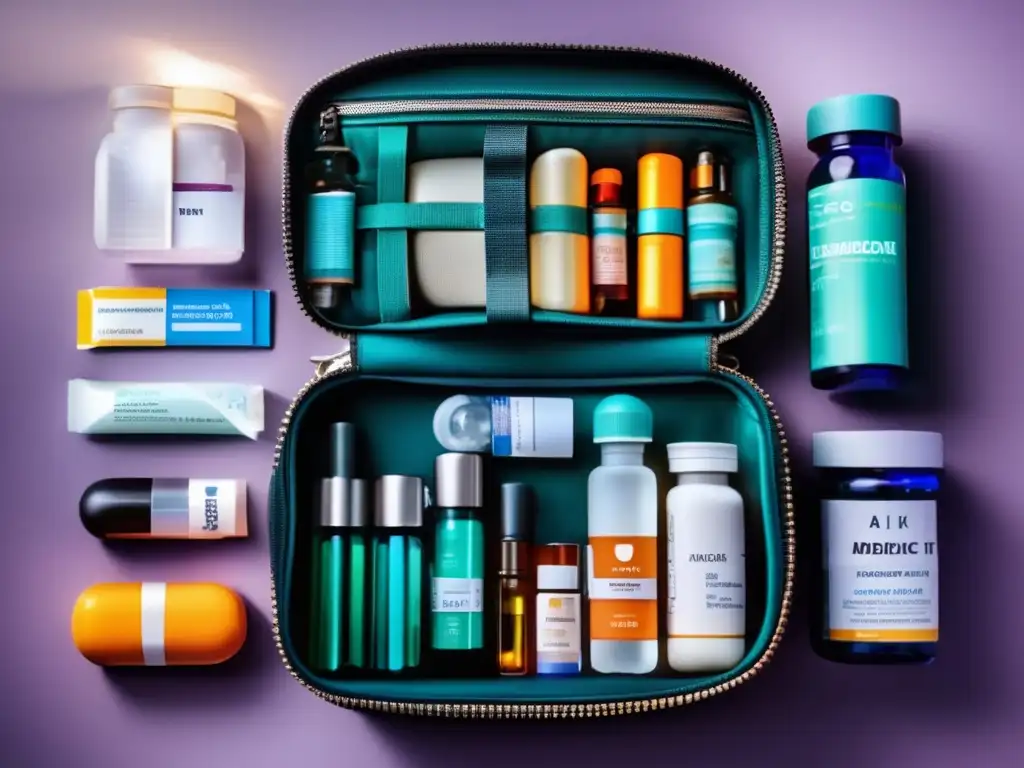 Kit de viaje medicamentos organizado Consejos para llevar medicamentos en viajes: kit organizado y moderno con diferentes tipos de medicamentos y accesorios