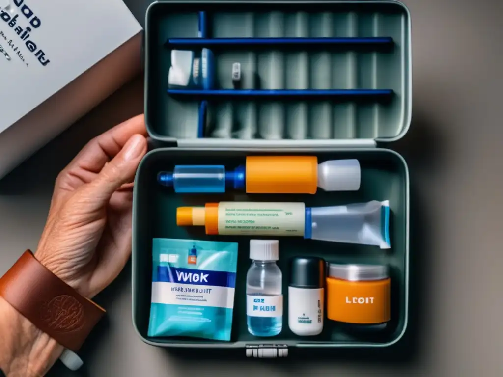 Consejos para prevenir enfermedades viajando: manos de viajero maduro con kit de medicamentos y elementos de higiene