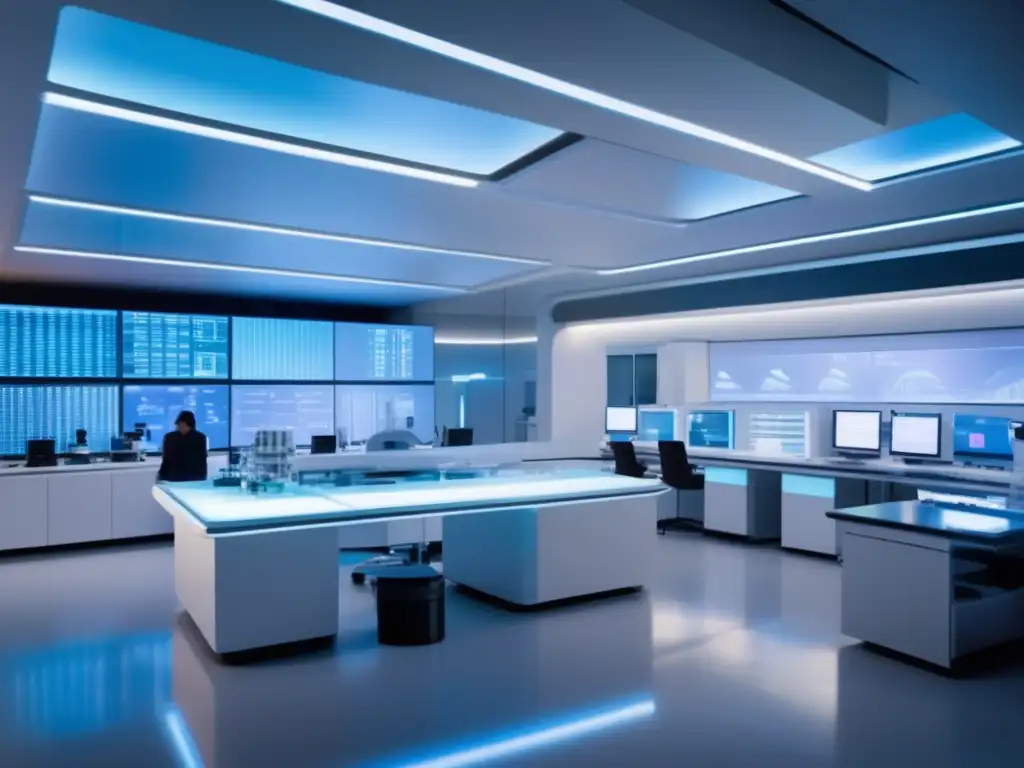 Laboratorio de ADN de diseño futurista y avanzado Laboratorio ADN turismo genealógico con tecnología avanzada y científicos analizando muestras de ADN