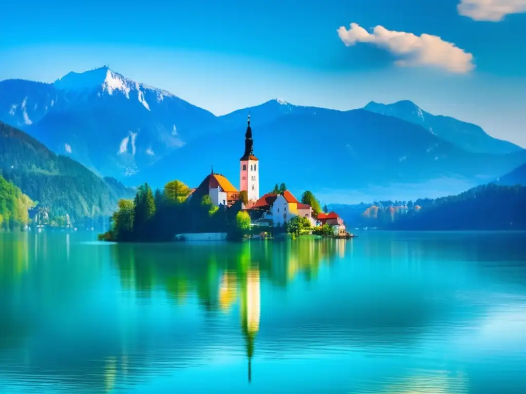 Belleza natural de Lago Bled en Eslovenia Destinos emergentes para viajeros senior: Lago Bled, Eslovenia, montañas nevadas, agua turquesa y encantadora iglesia en isla