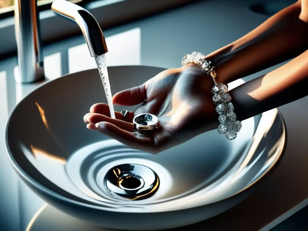Lavabo moderno con grifo cromado y manos lavándose bajo el agua cristalina