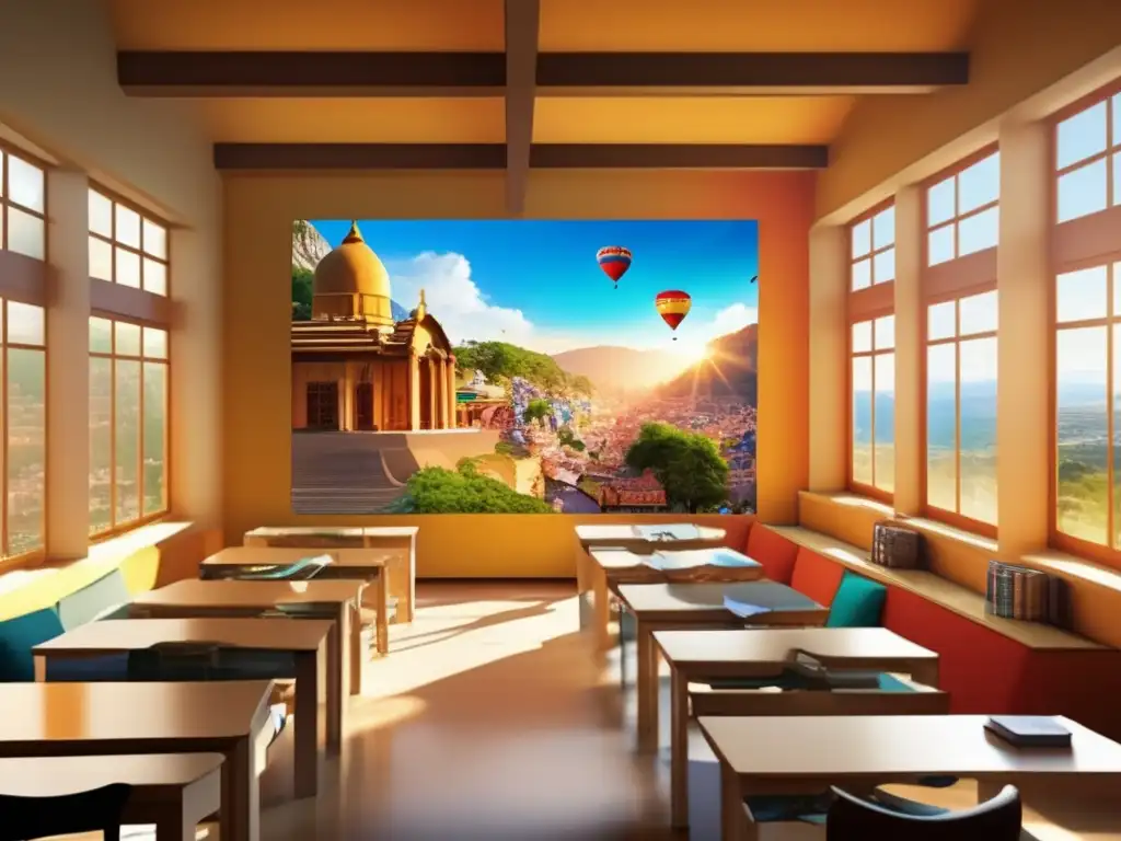 Aula de idiomas vibrante y acogedora Preparación viaje lingüístico maduros en un aula vibrante y acogedora