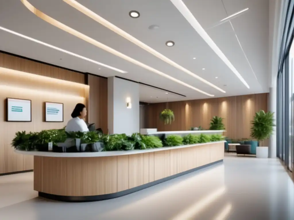 Lobby hospital moderno y acogedor Hospital o clínica ideal para viaje médico - Recepción moderna y acogedora con arte y vegetación