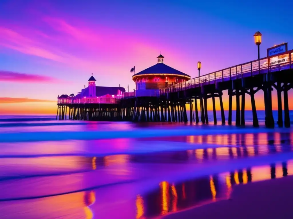 Paisaje encantador en Santa Monica Pier Los Angeles turismo para mayores: Pier de Santa Monica al atardecer, vibrantes colores y parejas disfrutando del ambiente