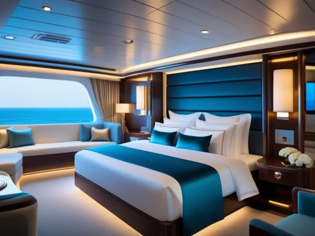 Lujoso camarote de crucero para viajeros maduros Cabina ideal para viajeros maduros: lujosa, cómoda y moderna, con vistas panorámicas al océano y amenidades de lujo
