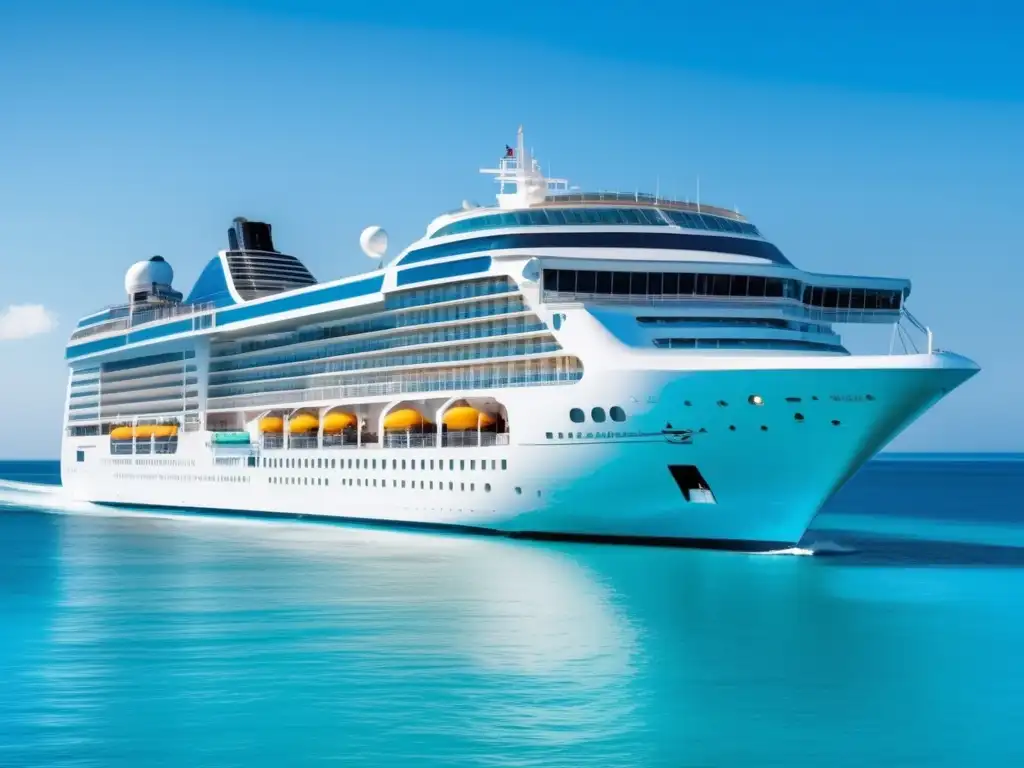 Crucero de lujo navegando en aguas turquesas Experiencia marítima: crucero de lujo en aguas turquesas, cielo azul y actividades a bordo