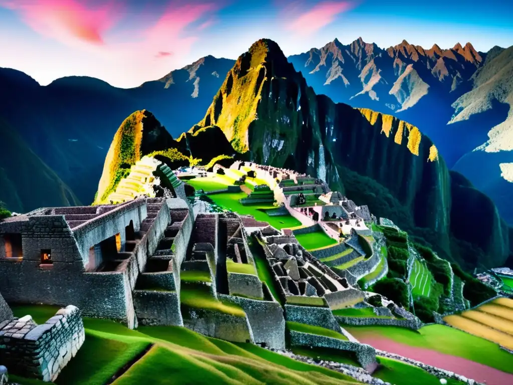 Maravilla de Machu Picchu al amanecer Destinos sagrados para viajeros maduros: Machu Picchu al amanecer, con las ruinas incas y montañas verdes de Perú