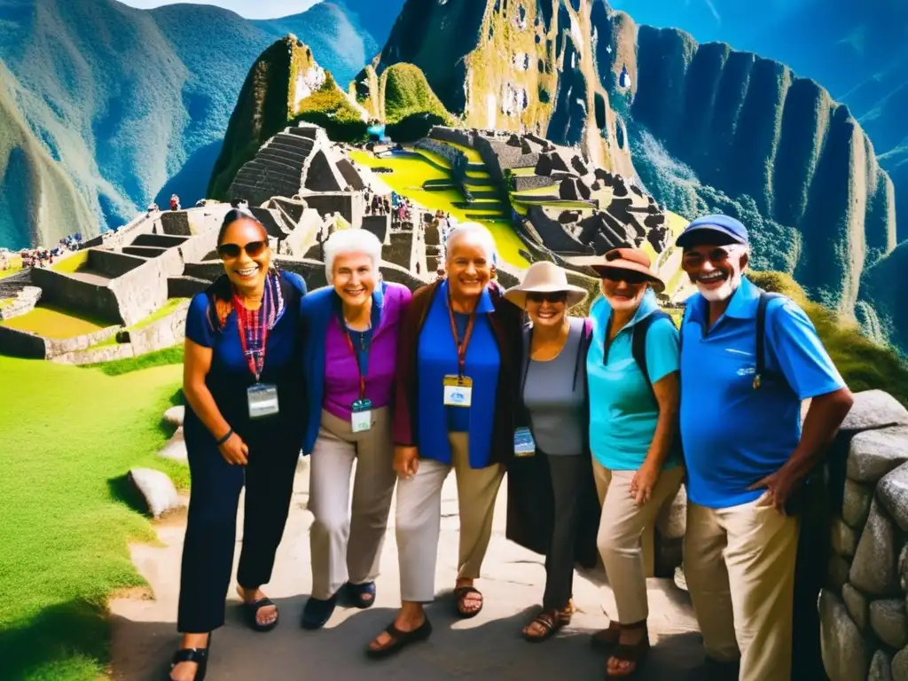 Grupo de viajeros mayores en Machu Picchu Grupo de viajeros senior en la entrada de Machu Picchu, rodeados de montañas verdes y cielo azul