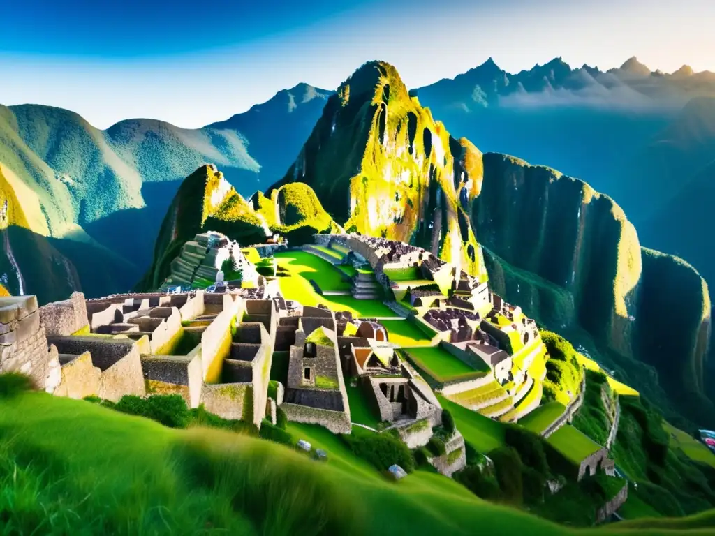 Machu Picchu: Ruinas antiguas y paisajes impresionantes Recomendaciones seguras para viajeros seniors América del Sur: Machu Picchu, ruinas antiguas rodeadas de montañas verdes y cielo azul
