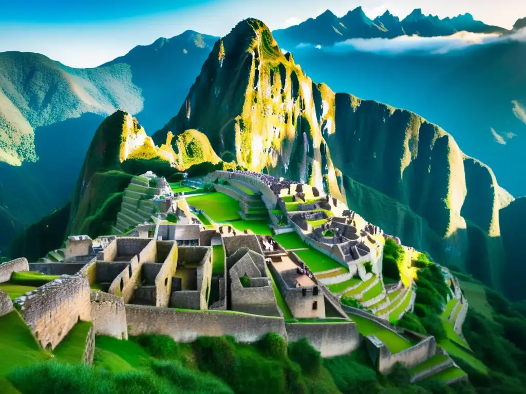 Machu Picchu: Ruinas ancestrales en los Andes Destino histórico para viajeros senior: Machu Picchu en Perú, ruinas antiguas rodeadas de montañas verdes y cubiertas de niebla
