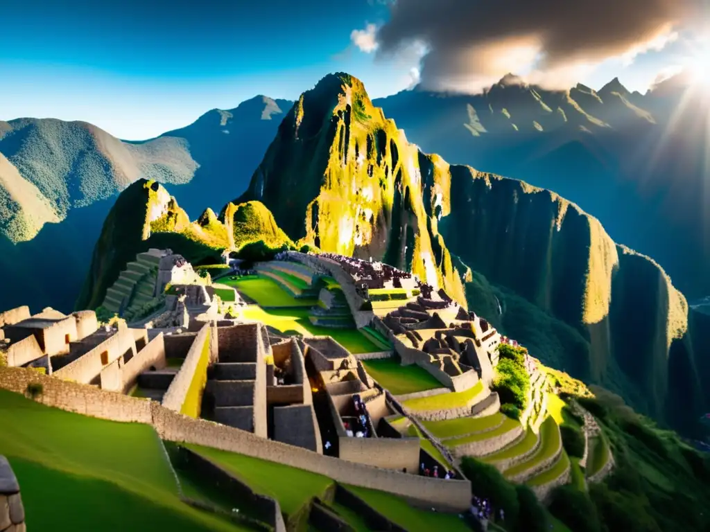 Impresionante imagen 8k de Machu Picchu en Perú Destinos históricos para viajeros senior: Machu Picchu en Perú, ruinas antiguas con vista panorámica a montañas verdes y estructuras incas
