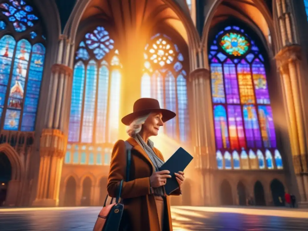 Turismo genealógico en ciudad europea: viajero maduro con libro, frente a catedral histórica