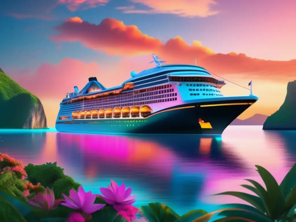 Crucero majestuoso navegando en aguas cristalinas Crucero de aventura para viajeros maduros en destino tropical rodeado de belleza natural y arquitectura moderna