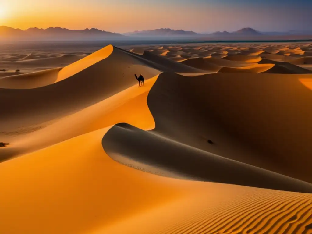 Paisaje vibrante del Medio Oriente Guía seguridad viajeros seniors Medio Oriente: Paisaje cautivador del desierto, camellos y fortaleza al atardecer