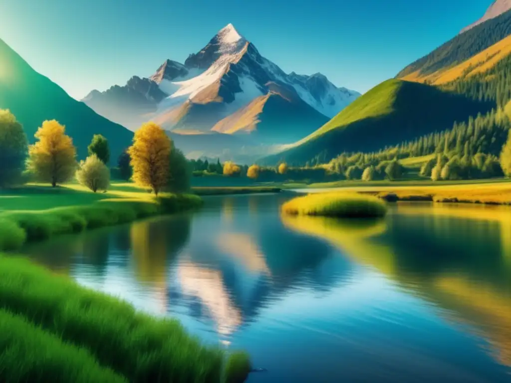 Impresionante paisaje montañoso en 8k Destinos naturales para viajeros senior: Impresionante paisaje montañoso de 8k con picos nevados, valle verde y río tranquilo reflejando el cielo azul