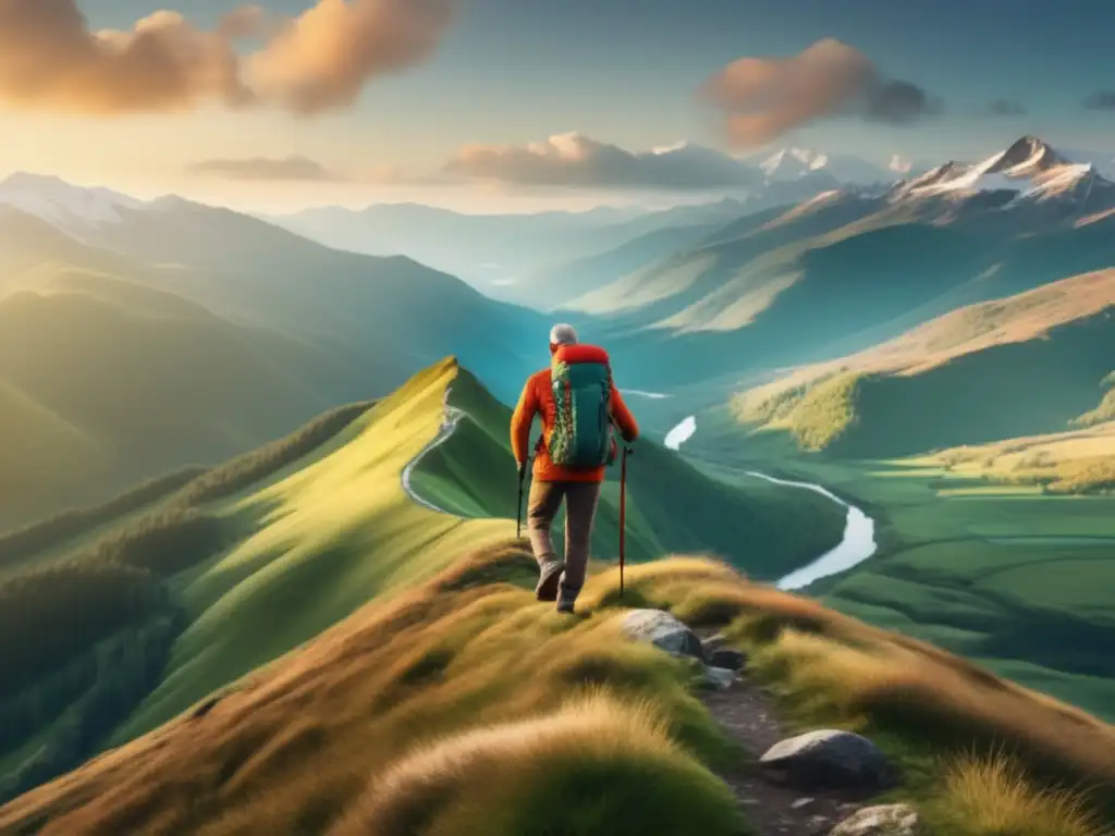 Viajero en montaña, paisaje impresionante Rutas ancestrales para viajeros maduros: un viajero de pie en una montaña escénica, con paisaje impresionante y colores vibrantes