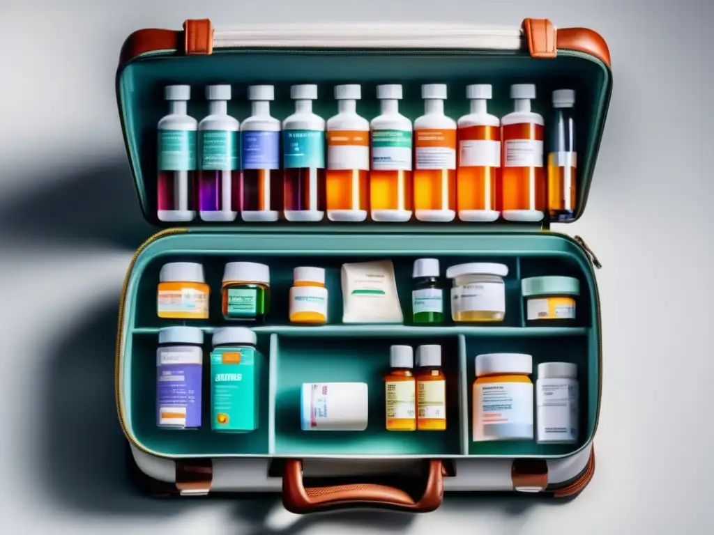 Organización meticulosa de medicamentos Consejos para llevar medicamentos en viajes: maleta organizada con medicamentos y etiquetas claras, preparación y cuidado en viajar con medicación