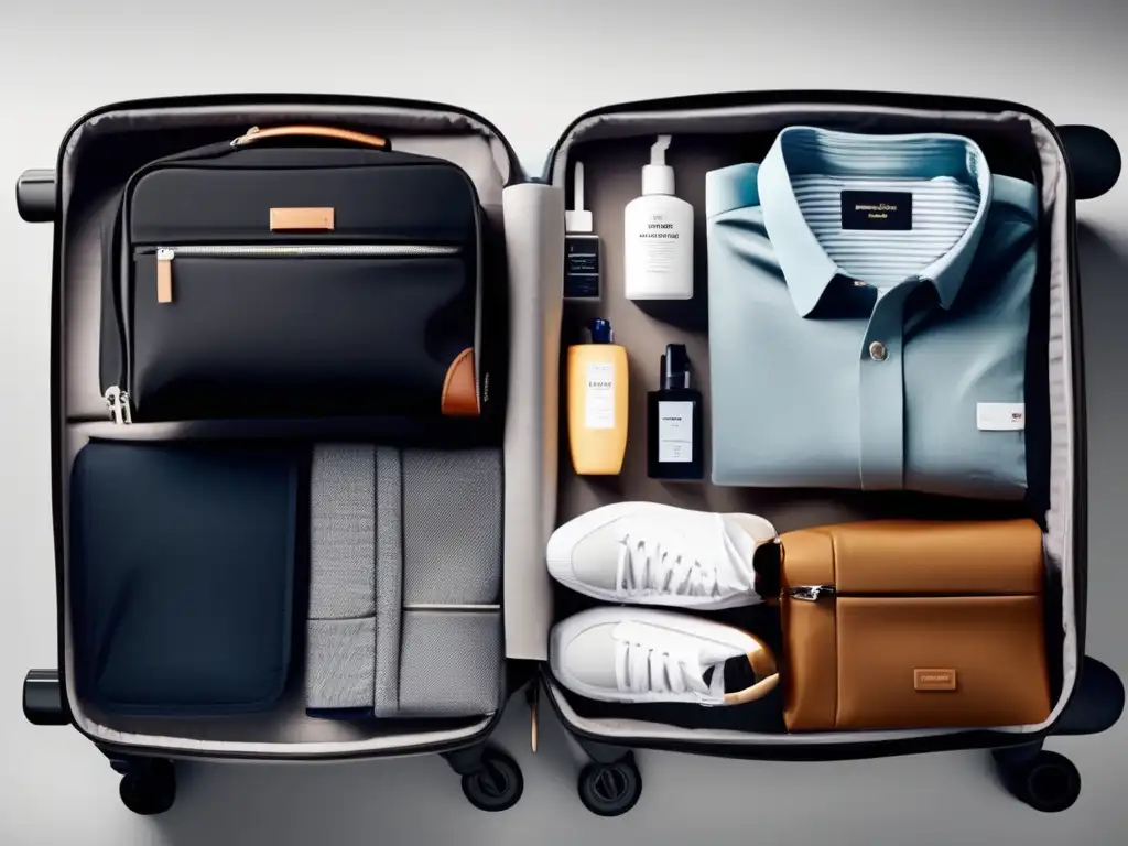 Maleta de viaje bien organizada con ropa, artículos de aseo y accesorios Guía equipaje viaje largo seniors: Maleta organizada con ropa, accesorios y documentos para un viaje preparado y eficiente