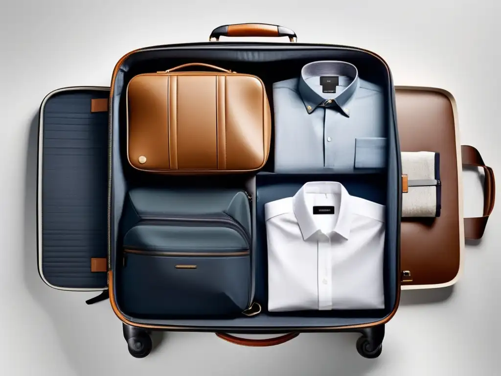 Maleta moderna y compacta con accesorios de viaje Consejos para viajar ligero y ahorrar: maleta moderna 8K con ropa, accesorios y artículos de viaje compactos y organizados