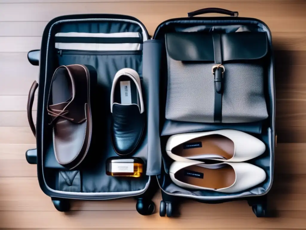 Maleta de viaje moderna y organizada Guía equipaje viaje largo seniors: maleta moderna con ropa, zapatos y neceser organizados en piso de madera