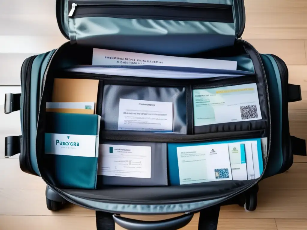 Bolso de viaje para adultos mayores con documentos esenciales Documentos esenciales para viajeros seniors en moderna bolsa de viaje, organizados y seguros