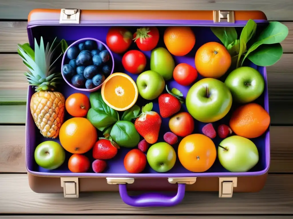 Maleta de viaje con frutas y verduras frescas Dieta equilibrada para viajeros seniors con frutas y verduras vibrantes en una maleta moderna