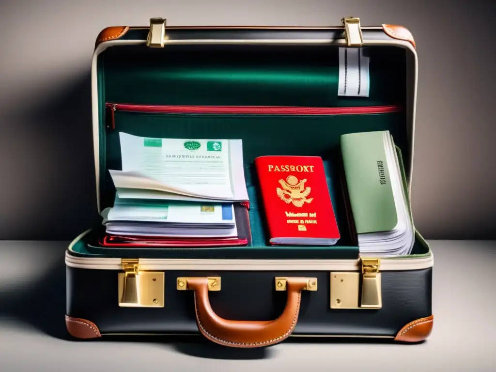 Maleta de viaje segura y organizada Embalaje seguro para viajeros maduros: maleta moderna con cremallera abierta, documentos importantes, kit de primeros auxilios y objetos valiosos