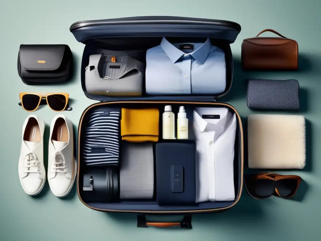 Maleta moderna con ropa y accesorios optimizados para viajes marítimos