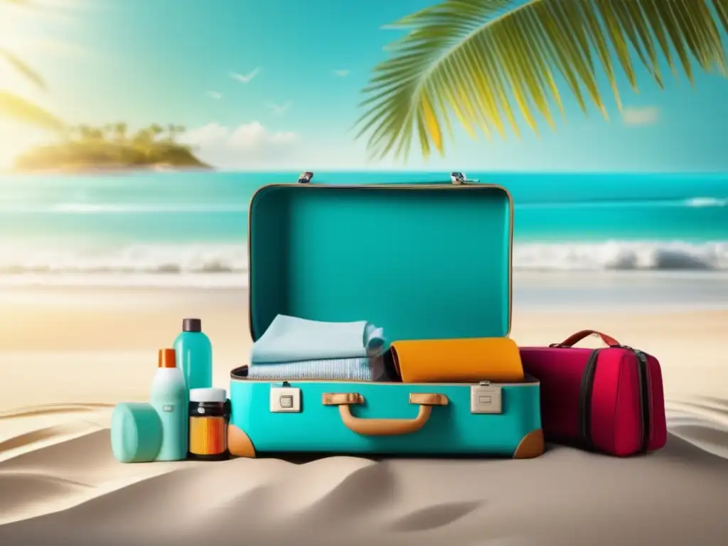 Equipaje organizado para un viaje seguro Precauciones para viajar seguro: maleta organizada, ropa doblada, kit de primeros auxilios y playa paradisíaca