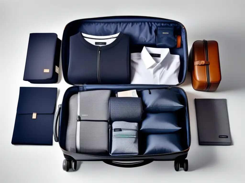 Maleta organizada para turismo médico Preparación maleta turismo médico: maleta moderna con compartimentos organizados y ropa doblada, diseño práctico y eficiente